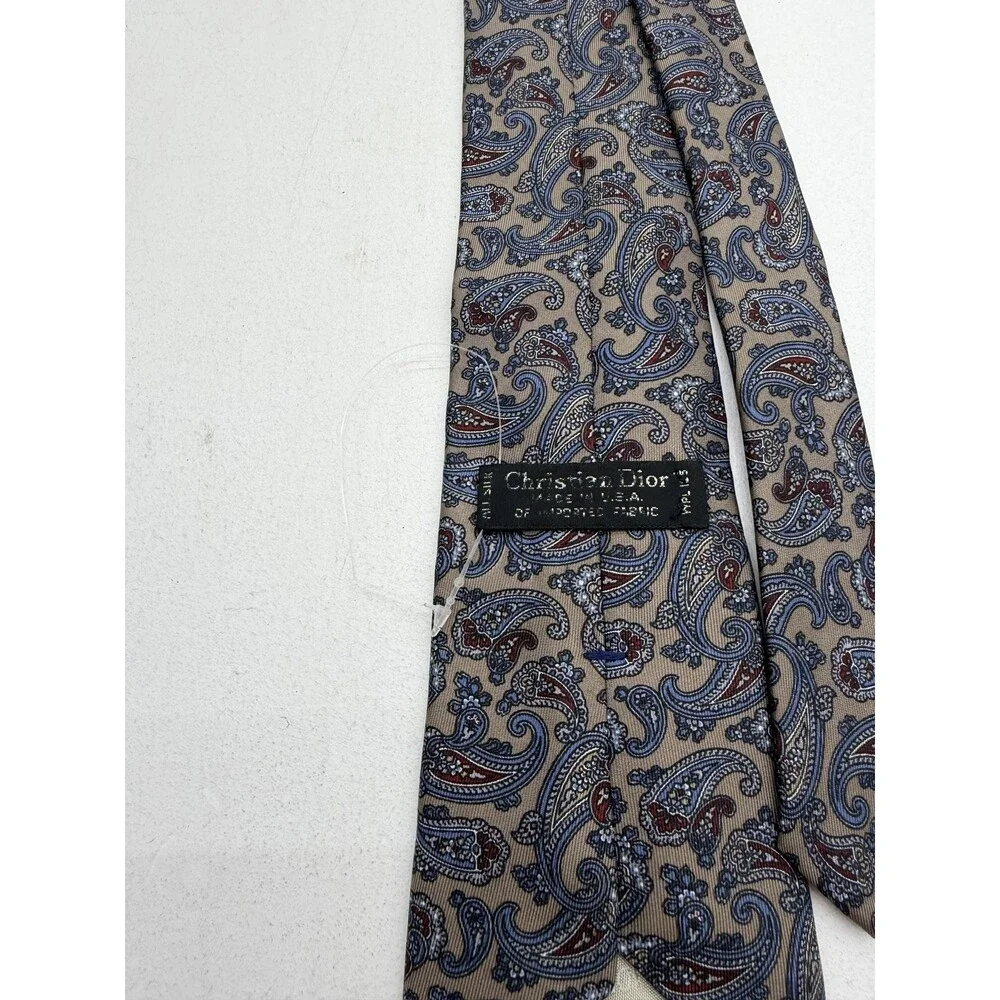 Christian Dior Tie Mens One Size Beige Paisley Woven Classic Designer Necktie